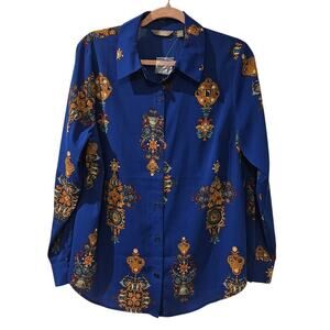 Motto Australia Baroque Print Blouse Blue Button Down AU 14‎ US 10 NWOT